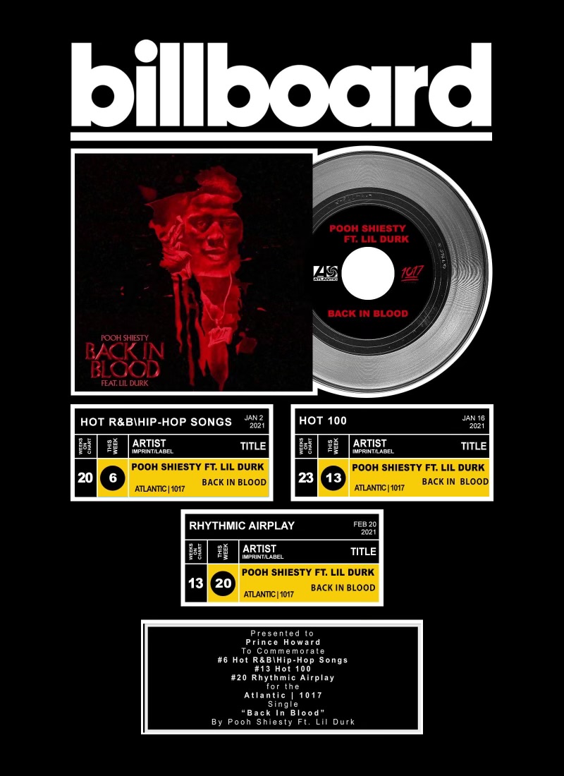 POOH SHIESTY FT. LIL DURK BACK IN BLOOD Billboard plaque presented to Prince Howard