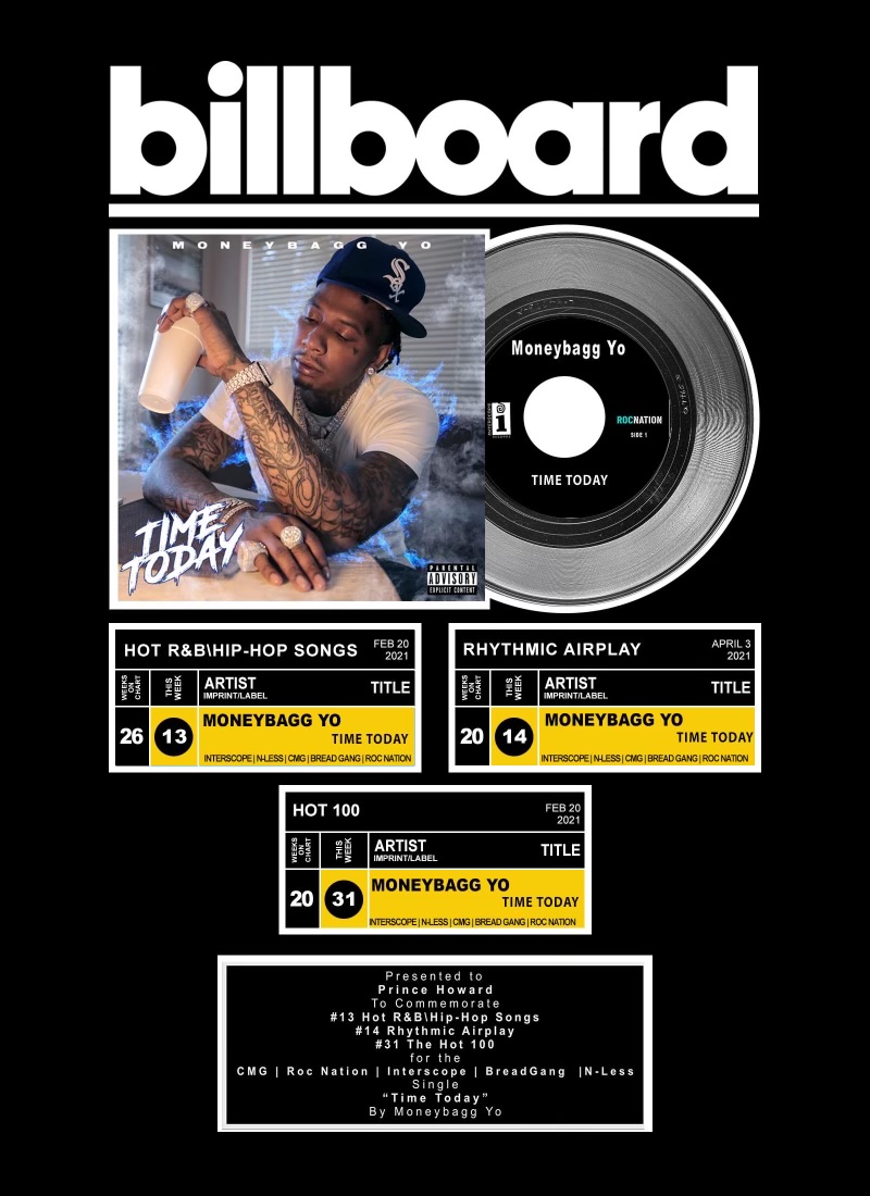 MONEYBAGG YO TIME TODAY Billboard plaque presented to Prince Howard
